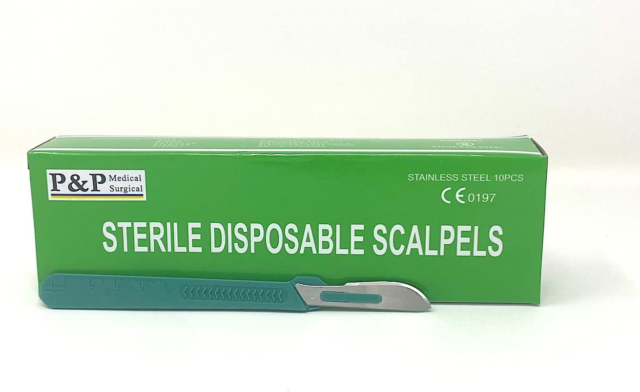 Disposable Scalpels Sterile Surgical Blade Size 21 Stainless Steel with Plastic Handle & Metric Line Individually Foil Wrapped by P&P Medical Surgical Box of 10 (25)