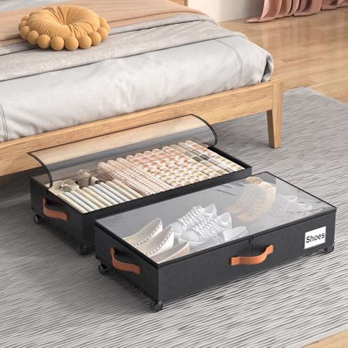 Image of Under Bed Storage Containers with Wheels Large Underbed Shoes Blankets Clothes Toy Storage Drawers for College Dorms Bedrooms Nursery Rooms Organization (Black 2 Pack, 6.6in height(30.3 inchx15.7 inchx6.6 inch))
