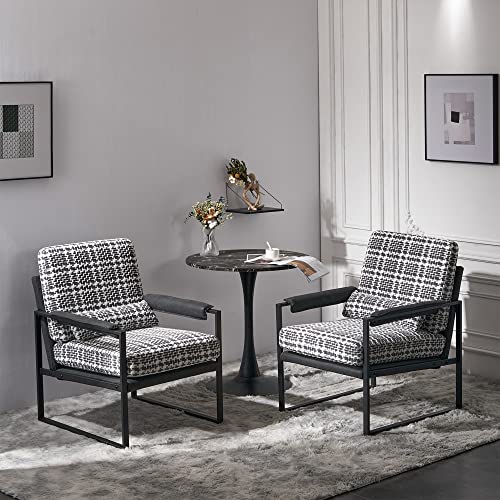 Leisure Chair, Modern Single Upholstered Accent Armchair, Honeycomb Leather Seat Iron Frame Chair For Living Room, Bedroom, Home Office Black And White Grid #TOP6