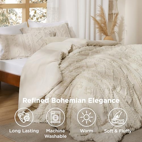 Bedsure Tufted Boho Comforter Set Full Size - Beige Boho Bed Set, GentleSoft™ 3 Pieces Farmhouse Shabby Chic Embroidery Bedding, Gifts for Woman, Soft Jacquard Full Comforter for All Seasons