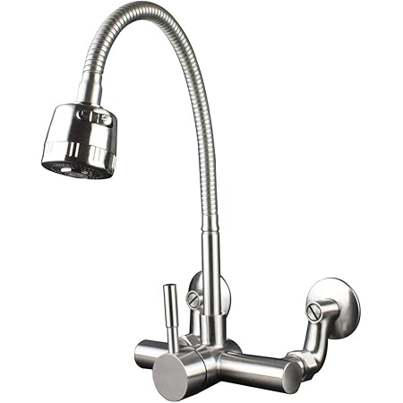 Amazon Hefo 水栓 キッチン水栓 混合水栓 壁付き水栓 蛇口 洗面水栓 シングルレバー混合水栓 シャワー付き蛇口 節水 360度自由回転 冷 熱切り替え 取り付け幅70 230mm対応 キッチン用水栓