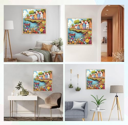Image of QENSPE Diamond Painting Landscape Art Kits for Adults, DIY Full Drill Diamond Art Kit for Beginners, 5D Colorful Houses Round Diamond Dots Paintings Gem Art Crafts Home Wall Decor Gifts 30x30cm