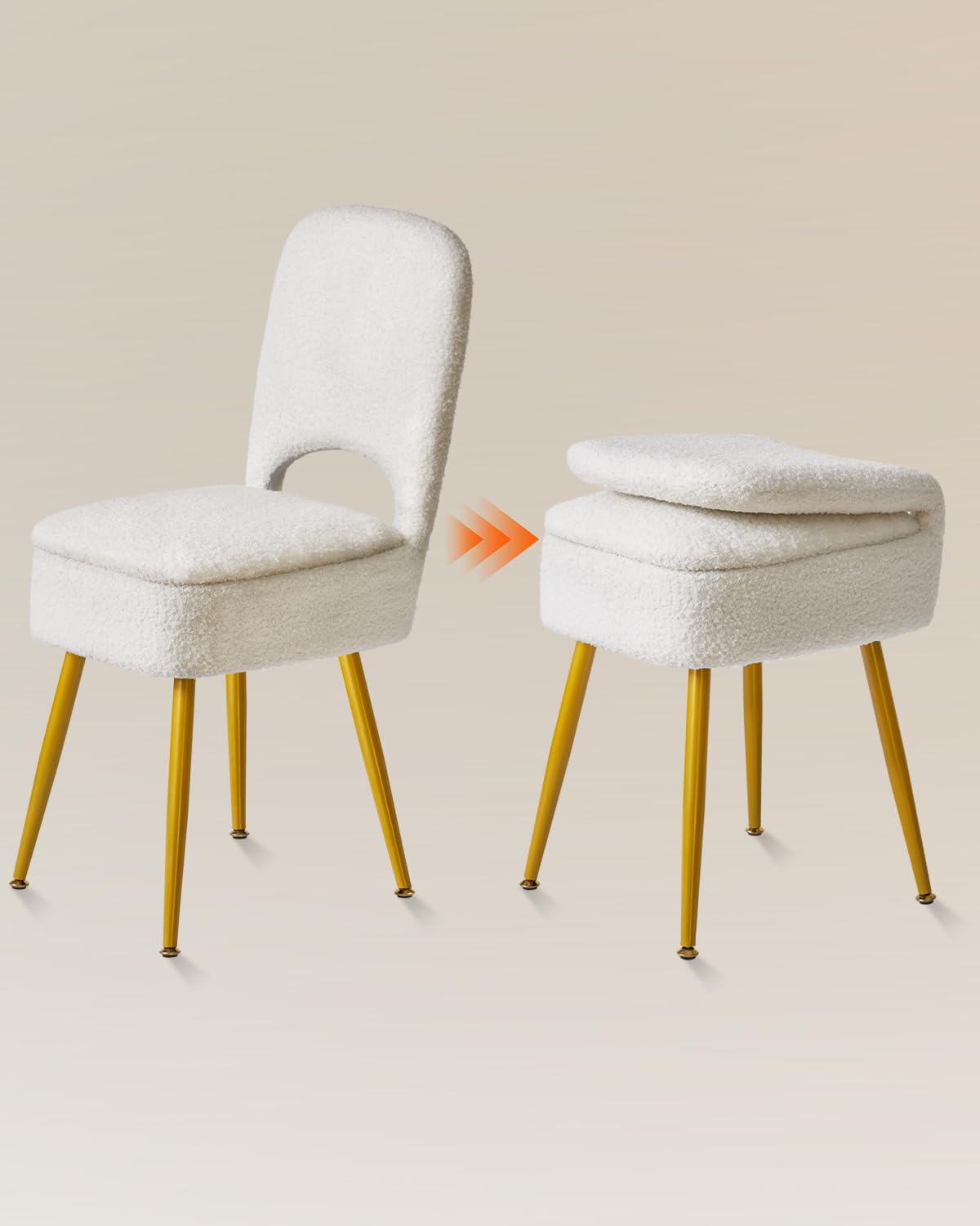 IBUYKE Chaise de Toilette de Rangement Compact avec Dossier Pliable, Ottomane carrée en Velours Teddy, Chaise de Maquillage pour Salon, 4 Pieds métalliques avec Patins Anti-dérapants, Blanc WBD027W