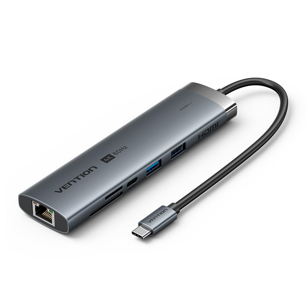 Hub USB Tipo-C 3.2 Vention TGVHB/ 2xUSB/ 1xUSB Tipo-C PD/ 1xUSB Tipo-C/ 1xRJ45/ 1xLector de Tarjetas/ 1xJack 3.5mm/ 1xHDMI/ Gris