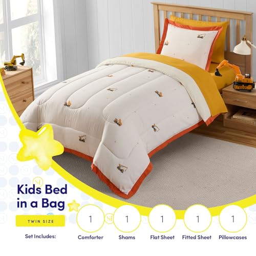 Image of Construction Bedding Set Twin Size - Bed in a Bag with Sheets, Pillowcases & Shams - Soft Construction Bedding Comforter Set with Dump Trucks, Cranes & Bulldozers - Fun Kids Construction Bedroom Decor