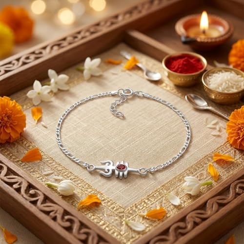 Image of Parnika 925 Pure 92.5 Sterling Silver Om Trishul Tripund Rudraksh Rakhi Bracelet for Brother | Hallmarked Silver Raksha Bandhan Rakhi | Premium Adjustable Rakhi Gift