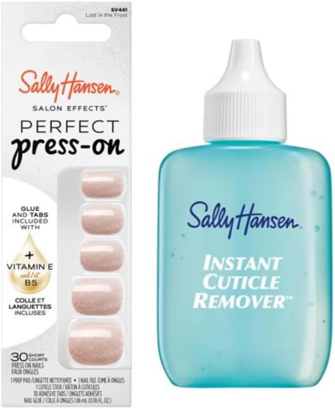 Sally Hansen Instant Cuticle Remover and Salon Effects Lost in the Frost Press On Nails Kit, Nail Care and Manicure Set