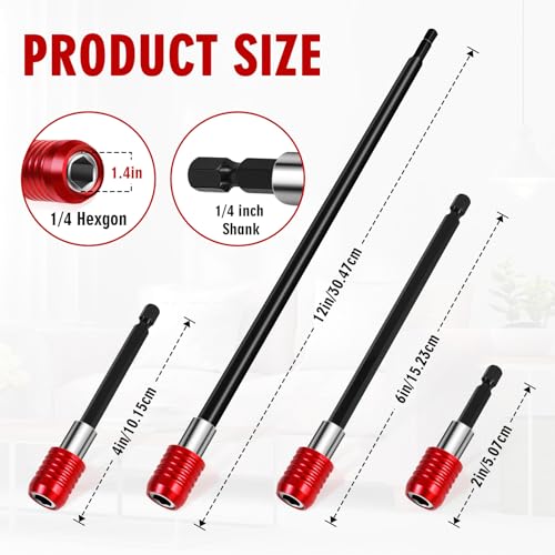 2/4/6/12\'\' Drill Bit Extension with Magnetic Bit Holder, 1/4\'\' Hex Drill Extension Bit Holder for Impact Driver, Cr-V Steel Quick Release (4PCS)