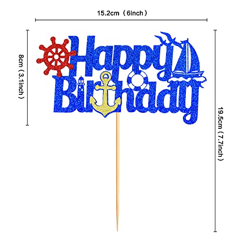 Ercadio 1 Pack Nautical Happy Birthday Cake Toppers Glitter Anchor Rudder Sailboat Cake Pick Ocean Whale Cake Decors Nautical Happy Birthday Theme Party Cake Decor Supplies #TOP1