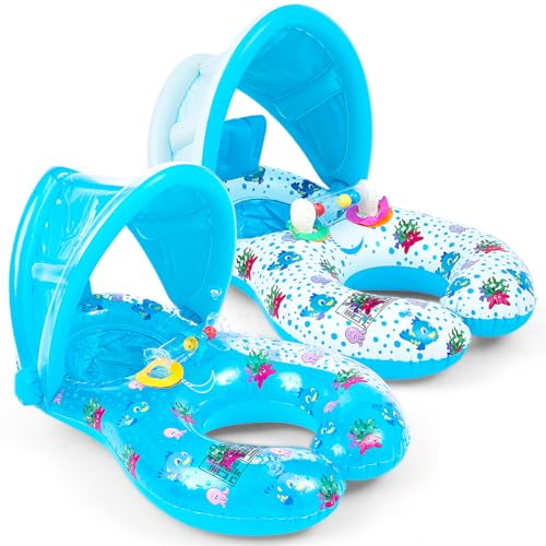 Image of Hollowfly 2 Pcs Mommy and Baby Parent Child Double Person Inflatable Float Inflatable Baby Float with Canopy Removable Infant Water Float Infant Swimming Ring for Baby and Mom Summer Pool Supplies