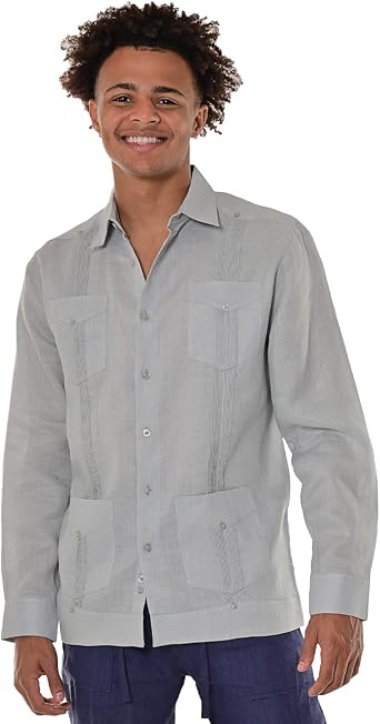 bohio Mens Traditional Guayabera Shirt, 100% Linen, Long Sleeve Button Down, 4 Pocket Cuban Resort Shirt
