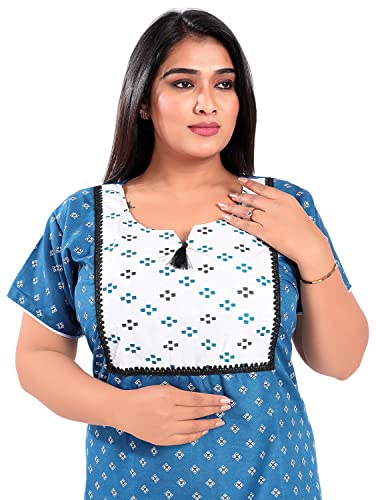 Image of Fabme Women's Cotton Floor Length Casual Nightgown (NW0296 Dark Blue 6XL)