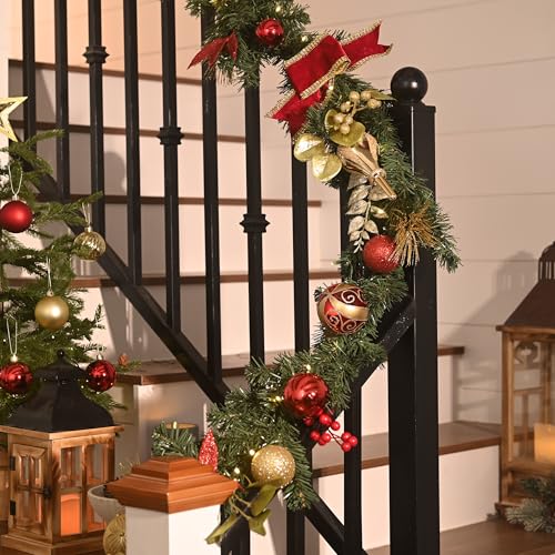 Valery Madelyn 9 Feet Pre-Lit Christmas Garland with Lights for Mantle, Lighted Outdoor Xmas Garland with Red Gold Ball Ribbons for Home Stairs Fireplace Table Centerpiece Indoor Holiday Party Decor by Valery Madelyn - Image 5