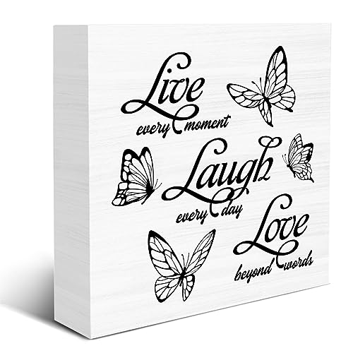 PILIPALALA Wooden Sign - Live Laugh Love, 5x5 INCH Modern Wooden Block Sign Decor for Home, Bedroom, Shelf, Desk
