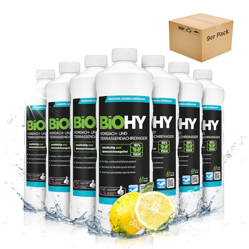 BiOHY Nettoyant pour toit-terrasse et auvent (9 x 1l Bouteille) | Concentré bio pour toits en verre, toits en plastique, vérandas | Nettoyage durable & entretien | Haute efficacité et éclat