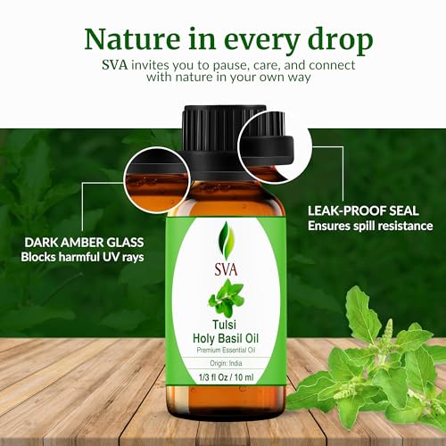Image of SVA Holy Tulsi Essential Oil in Glass Bottle, 1 /3 Fl Oz (10 ml) | Holy Tulsi Essential Oil for Diffuser, Hair Care, Skin Care, Massage, Soap Making, Perfume Making, Fragrance & DIY Blending