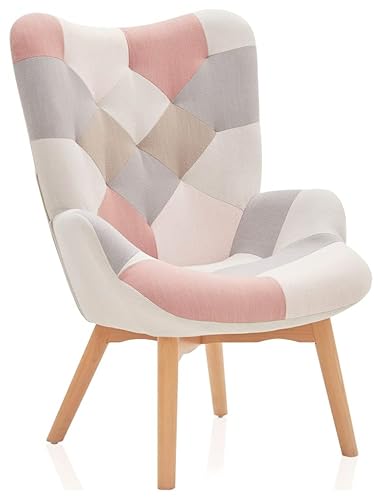 Belleze Colorful Patchwork Accent Chair, Wide Reading Chair Comfy Linen Upholstered Living Room Chair Side Chair With Solid Wood Legs For Bedroom Waiting Room - Paramount (Patchwork B) #TOP6