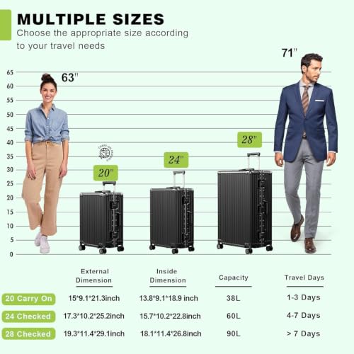Image of AnyZip Luggage Sets 2 Piece Aluminum Frame Carry On and Checked Suitcase PC ABS Hard Shell TSA Lock No Zipper(Black, 20 /28)