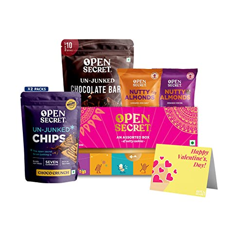 Open Secret Valentine Gift Hamper | 12 Assorted Cookies | Dark Chocolate | 2 Unjunked Chips | 2 Mini Immunity Boosting Nuts (Roasted Almonds) | Special Combo Pack for Boyfriend/Girlfriend with Card