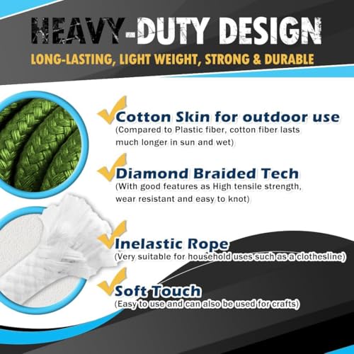 PerkHomy 200 Feet Cotton Rope 3/16\" (5mm) Multi Purpose Utility Diamond Braided Cord, Natural Cotton for Clothes Line Camping Crafting Flag Pole, Army Green