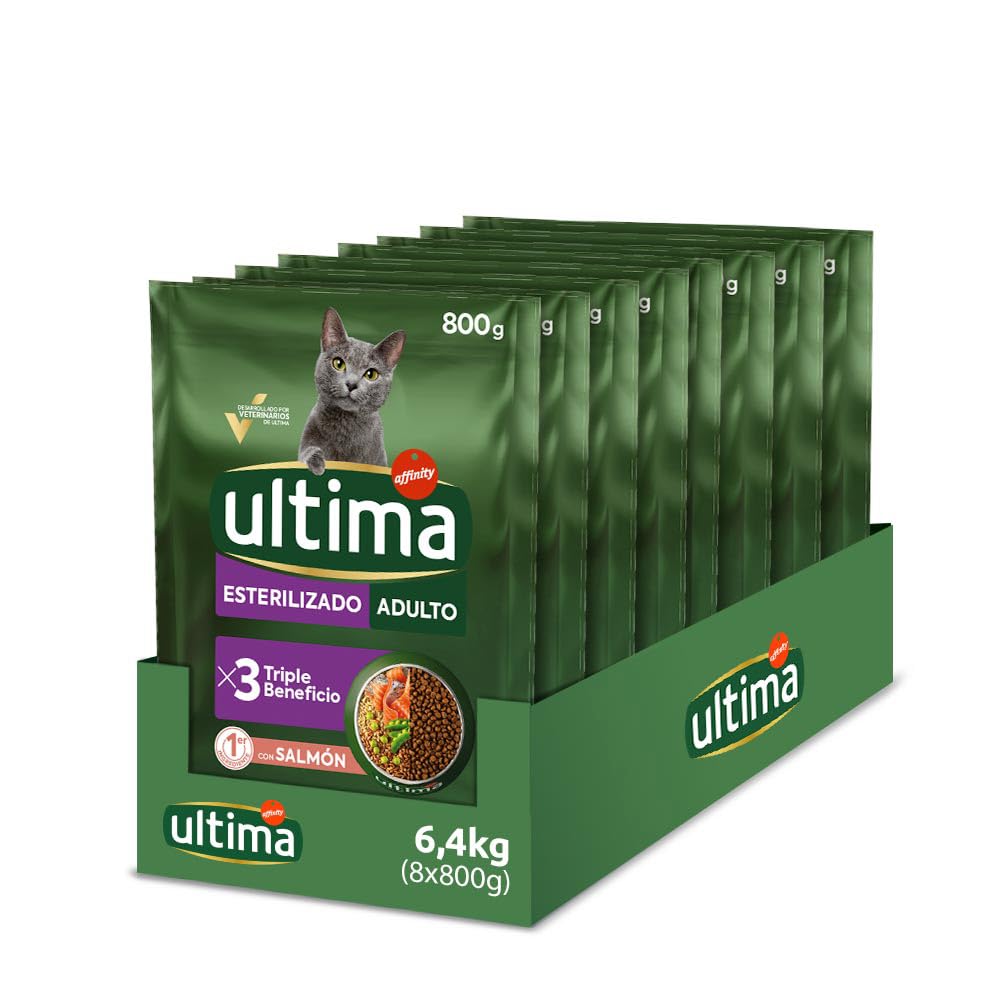 Ultima Sterylizowany dorosły łososiowy, sucha karma dla kotów, opakowanie 8 x 800 g, łącznie 6,4 kg