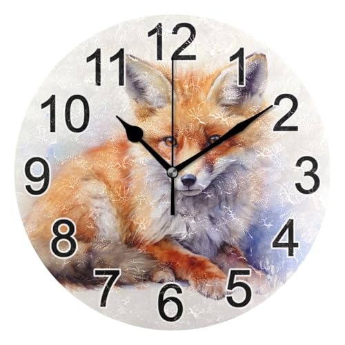 Image of Mnsruu Cute Little Fox Wall Clock Non Ticking Silent Kitchen Clock Battery Operated Clocks Round Decorative for Living Room Bedroom Bathroom Home Office