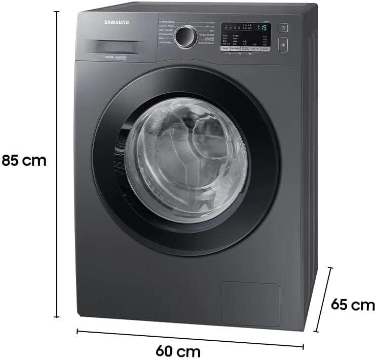 Máquina de lavar Samsung com dimensões de 85cm de altura, 60cm de largura e 65cm de profundidade