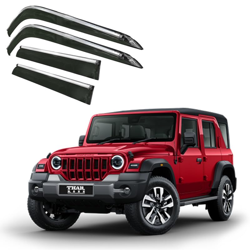 Image of CAR SAAZ Side Door Visors for Thar Roxx (2024-present)(Set of 4Pcs)|Chrome Lined Rain Guards, Polycarbonate, Smoke Finish