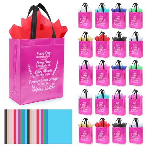 LUAVIARU 40 Pcs Bible Verse Christian Gift Bags Set – 20 Rose Red Reusable Gift Bag with Handles & 20 Tissue Paper, Religious Gift Bag for Church Events, Baptism, Easter, Communion, Congratulations
