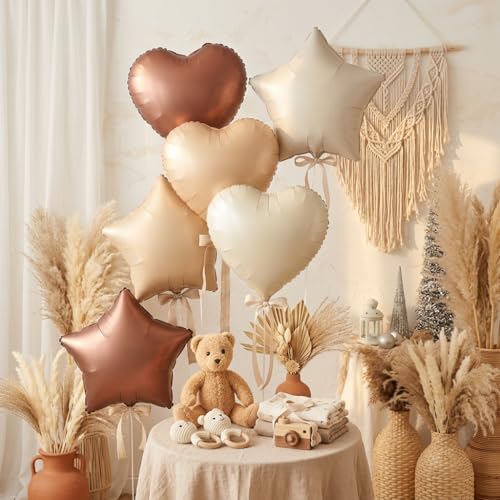 Image of Atpata Funky Boho Theme Foil Balloons - White Sand, Nude Cream, Tan Brown Caramel Shades - Stars and Hearts Shape - for Weddings, Birthdays, Baby Showers, and Party Decorations (6pcs, Heart & Star)