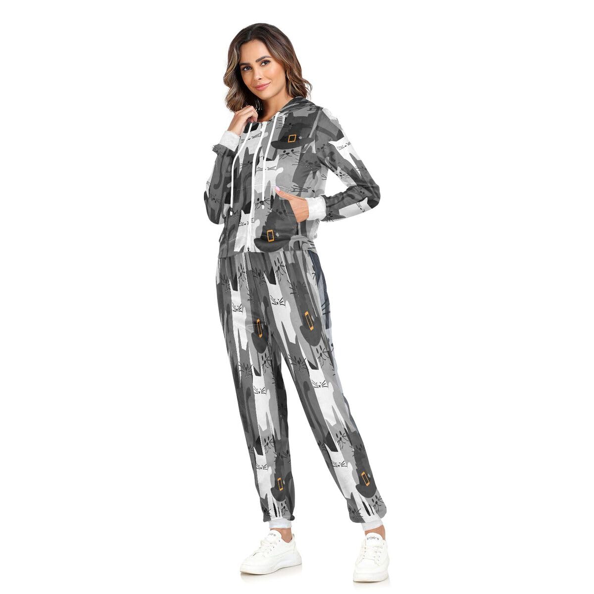 Conjunto deportivo de 2 piezas para mujer, conjunto deportivo de manga larga, diseño de gato, color negro