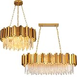 MEIOSOA Gold Crystal Chandelier 9 Lights Round W22in + 8 Lights Chandelier L32 for Dining Room Livin