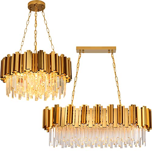 Meiosoa Gold Crystal Chandelier 9 Lights Round W22In + 8 Lights Chandelier L32 For Dining Room Living Room Bedroom Kitchen Island #TOP4