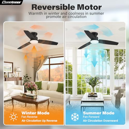 Modern 42 Inch Ceiling Fans with Lights and Remote, Bedroom Living Room Office, Flush Mount, 18W 3CCT Dimmable, Dual Color 3 Blades 6 Speed Reversible Quiet DC Motor, Black/Wood Grain thumbnail 5