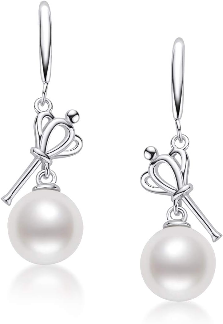 Freshwater White Pearl Dangle Drop Hook Earrings Cultured Fishhook Pearl Crown Key Shaped Sterling Silver Earrings Anniversary Birthday Mother Day Jewelry Gifts for Women(Size:7mm)