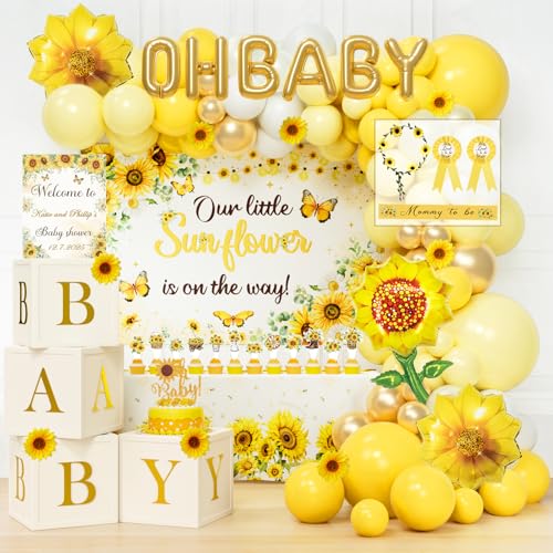 Hombae Sunflower Baby Shower Decorations 159 PCs Yellow Flower Baby Shower Party Supplies with Backdrop Balloon Garland Artificial Sunflowers Boxes Mom to Be Sash Headband
