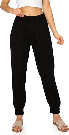 Cali1850 Womens Linen Joggers Pants - Oceanside Drawstring Elastic Waist Casual Lounge Tapered Leg Trousers with Pockets