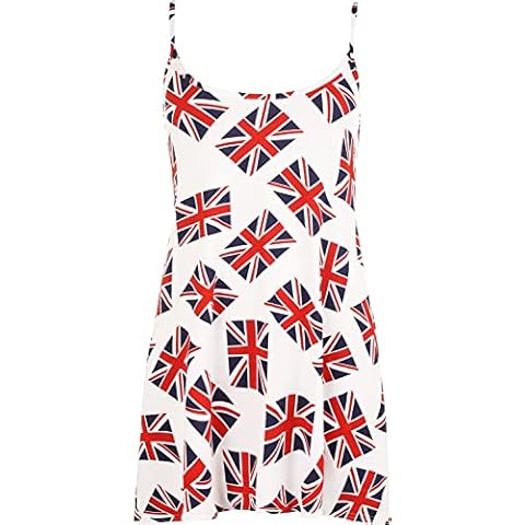 Women's Union Jack Flag Print Vest Ladies Great Britain British Flag Print Strappy Swing Flared Top Vest 12-30 (16-18, White) Cover