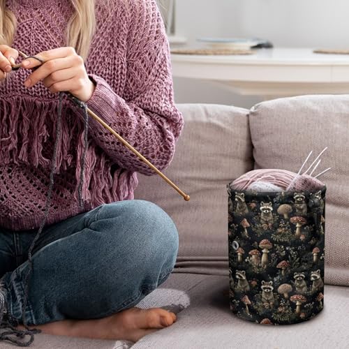 Image of Sellikakes Mushroom Raccoon Yarn Bag with Drawstring, Yarn Holder Crocheting Storage Basket Organizer Crochet Holder for Crocheting Project Store Skein Ball