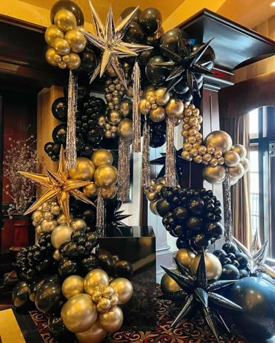 Image of Black and Gold Balloon Arch Kit, 140Pcs Explosion Star Black and Metallic Gold Balloons 22 18 12 10 5 Inch Different Size Balloons for Birthday Anniversary Graduation New Year Decorations