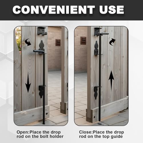 Image of 2 Pack 18 inch Heavy Duty Cane Bolt Gate Drop Rod Stopper Hardware,Wrought Iron Gate Ground Latches for Wood Metal Vinyl Fences Double Doors,Drop Pin Lock for Holding Gates to The Ground, Black Finish
