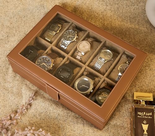 Image of Leather World Faux Leather Watch Box Organizer For Men & Women - Wrist Watch Box Holder 10 Slots - Removable Pillows Display Case - Gift for Loved Ones - Tan
