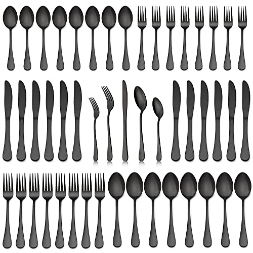 LIANYU Black Silverware Flatware Set for 12, 60-Piece Stainless Steel Cutlery Set Includes Knives Spoons Forks, Mirror Finished, Dishwasher Safe