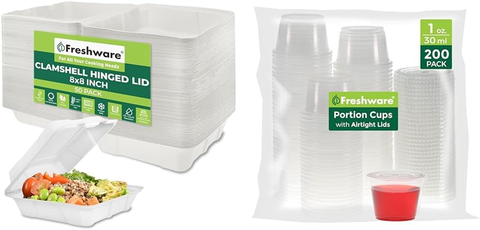 Freshware Compostable Clamshell Containers & Portion Cups with Lids - Heavy Duty Paper Boxes & Disposable Plastic Cups - Microwave & Freezer Safe