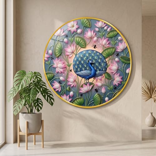 Image of SAF Peacock Lotus Wall Painting with Golden PVC Frame Round Floral Bird Art Modern Decorative Wall Decor for Living Room Bedroom Office Home Luxury Gift Item (23 x 23 Inch) GR-362