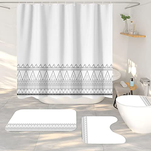 ORGA ECO-FRIENDLY Bath Mat Set 4 Piece Anti Slip Bathroom Rugs Set Pedestal Rug + Lid Toilet Cover + Bath Mat + Waterproof Shower Curtain(XTL267-Grey)