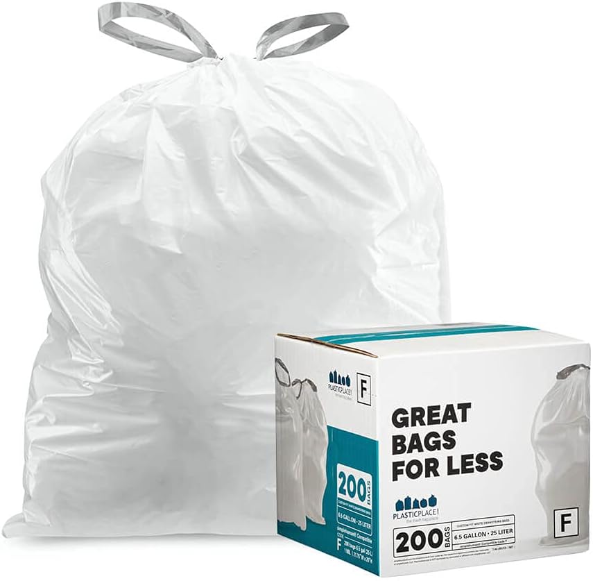 Plasticplace Custom Fit Trash Bags, Compatible with simplehuman Code F (200 Count) White Drawstring Garbage Liners 6.5 Gallon, 21.75" x 20"