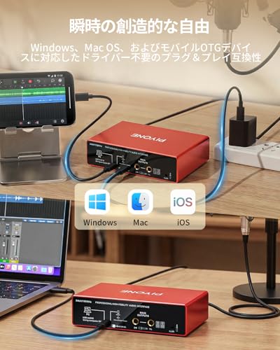 PIYONE オーディオインターフェイス 2x2 24bit/192kHz サウンドカード【PC/Mac/iOS対応】XLR/TRSコンボ入力 モニターミックス/ループバック機能 USB-C一本接続 アロイ・レッド