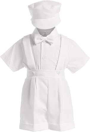 4-Piece Christening Baptism Suspender Short Set - Black or White Cap Bowtie