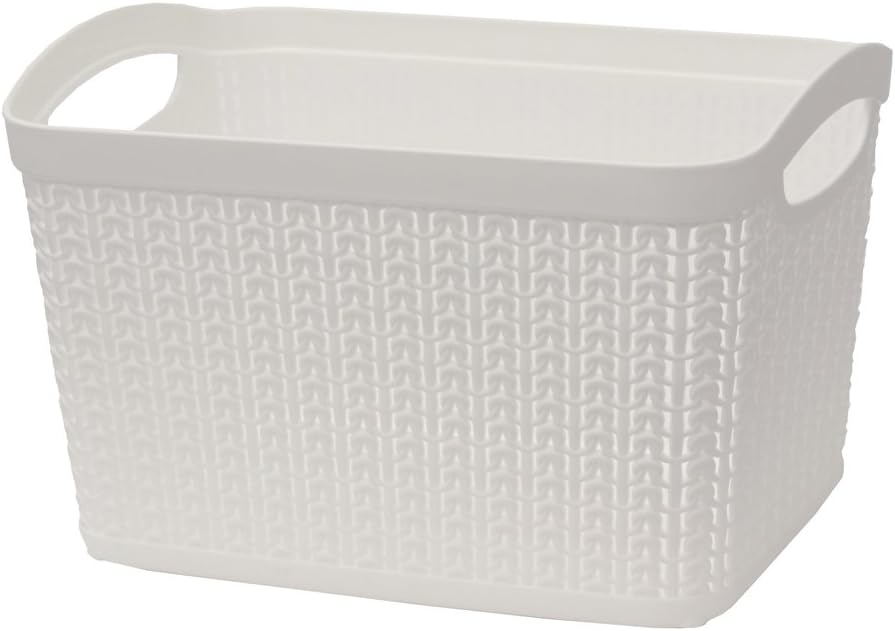 JVL Knit Design Loop Plastic Rectangular Small Storage Basket with Handles, White, 20 x 26 x 17 cm, 6.6 litres